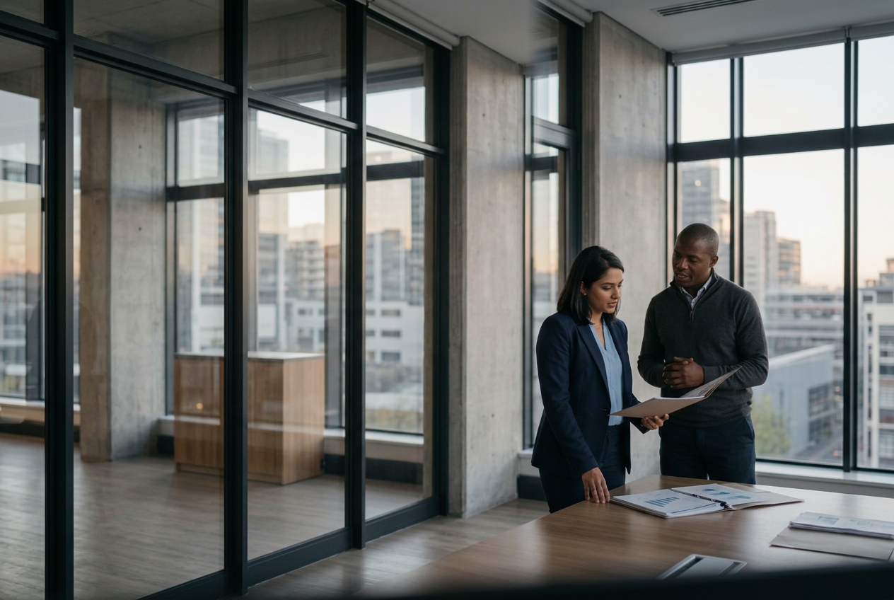 Advisers reviewing a report in a boardroom at dusk