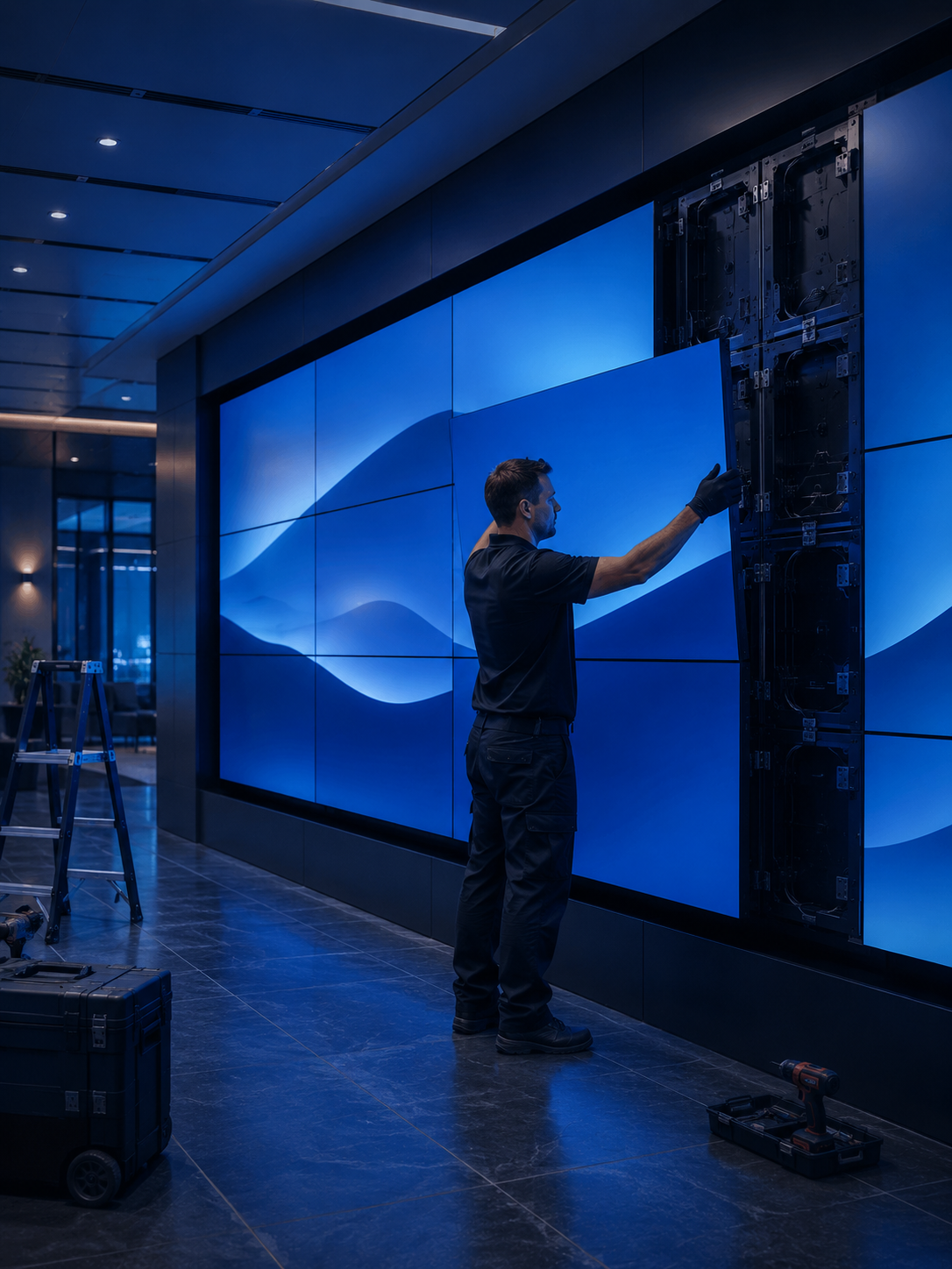 Technician installing an LED video wall
